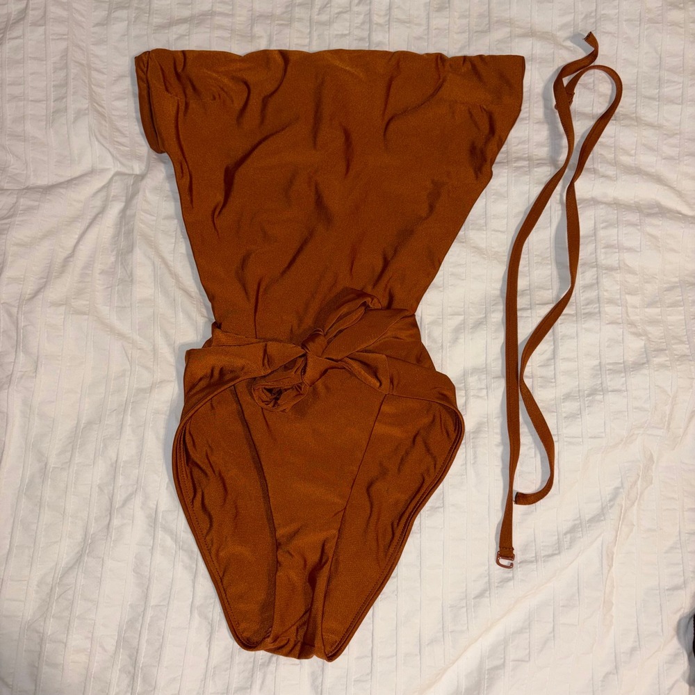 Good American Swimsuit Womens 3 Rust One Piece Tie Front High Cut Shimmer
